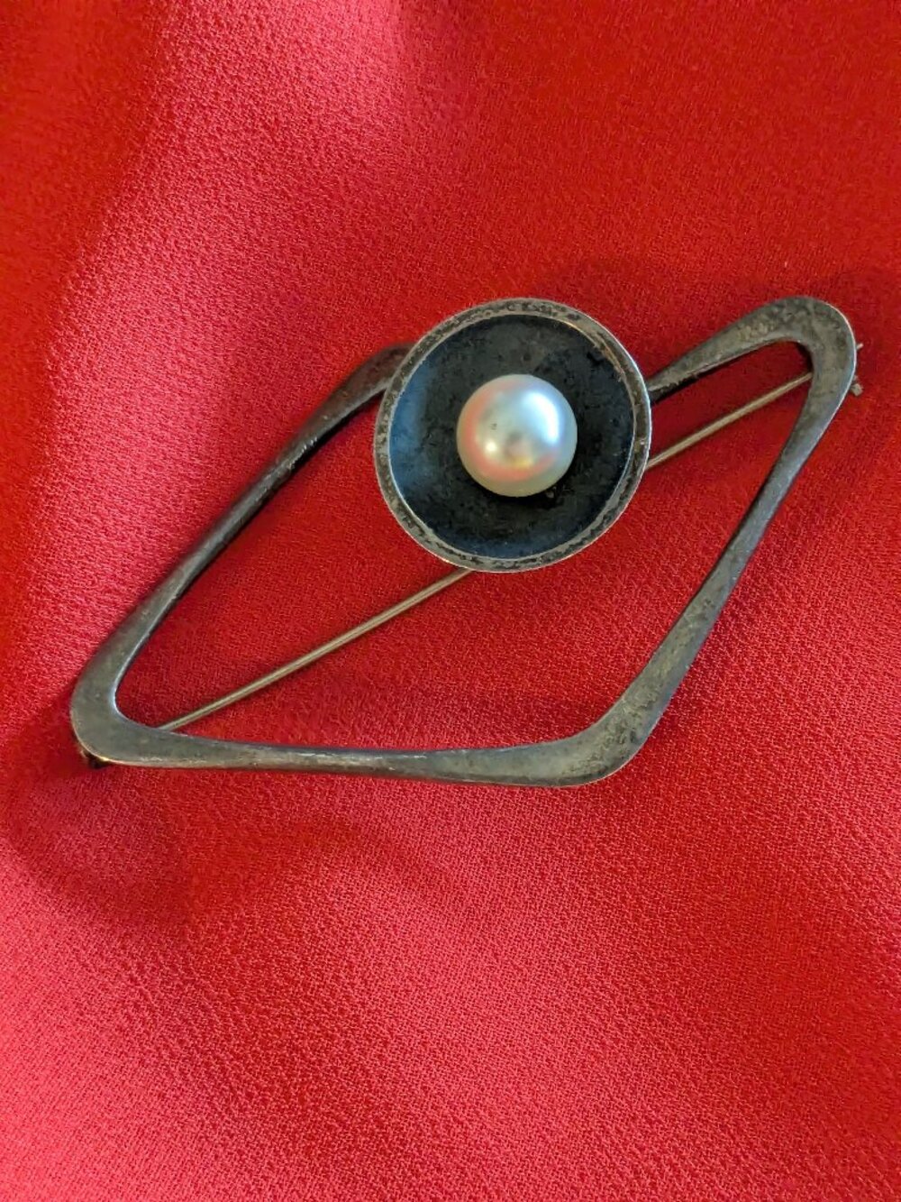 Vintage Taxco Mexico 925 Sterling Silver Pearl Modernist Geometric Brooch Pin